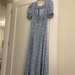 Reformation Blue and White Lacey Floral Midi Dress with Puff Sleeves